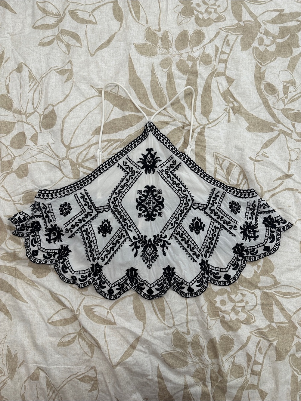 Free People White Crop Halter Top with Black Embroidery